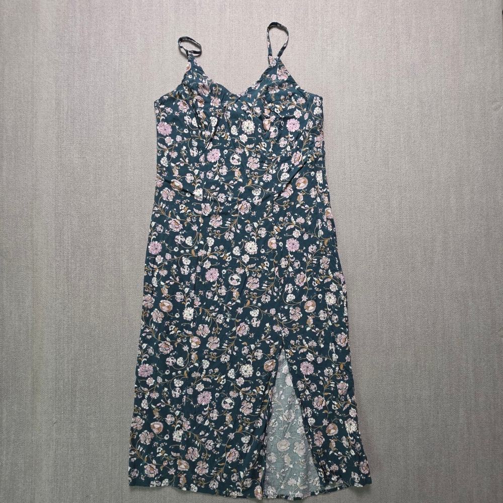 WallFlower Midi Dress Womens Large Teal Floral Rayon Spaghetti Strap Front Slit